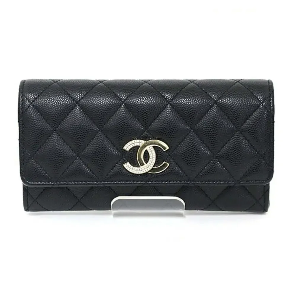 CHANEL Authentic Black Caviar Leather Logo Wallet